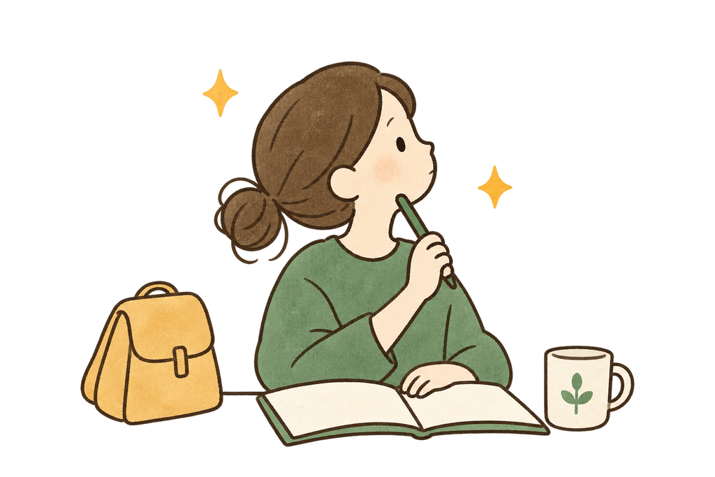 ノートを前に、やってみたいことを考える女性のイラスト
